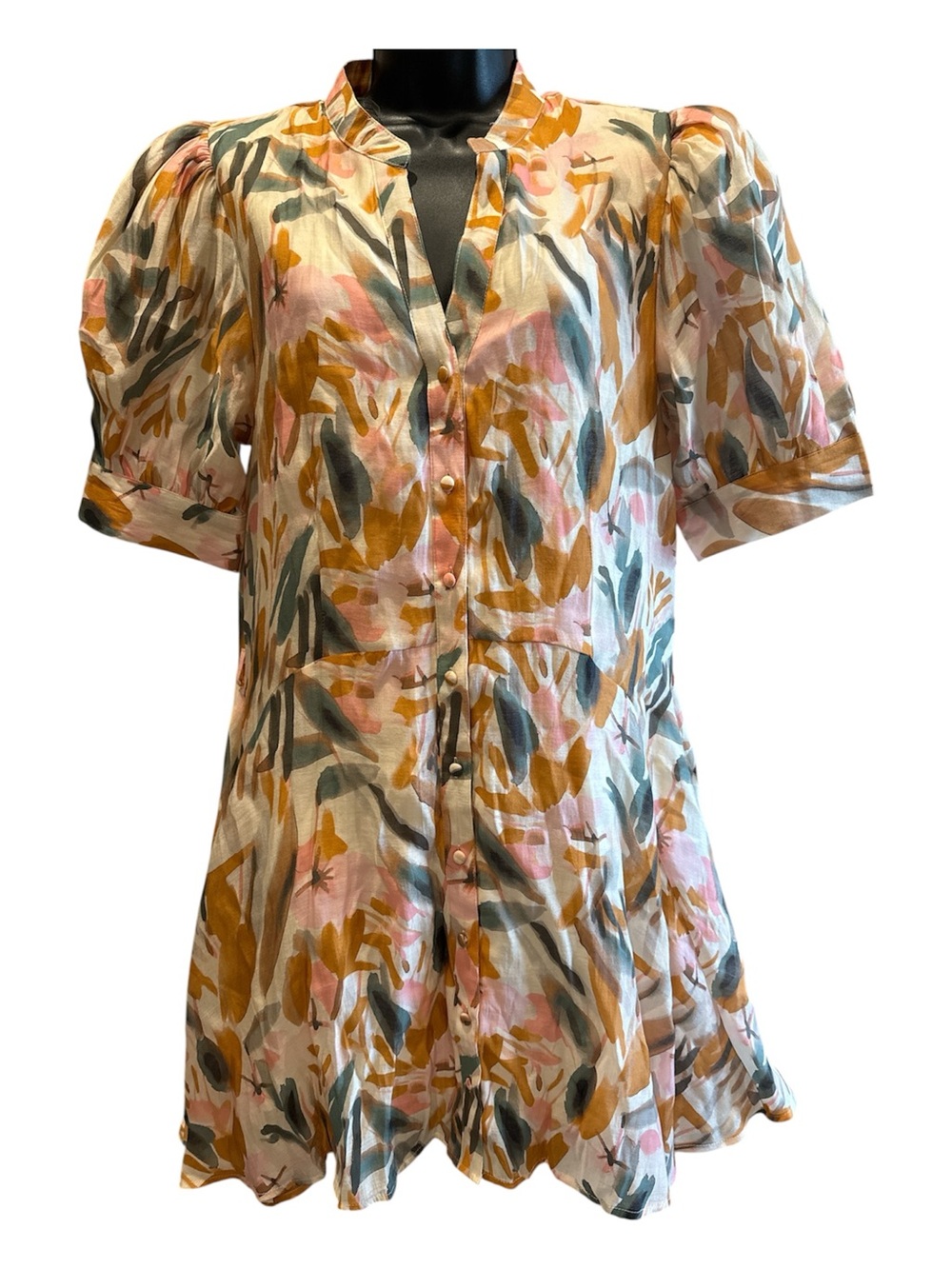 Entro rust leaf button down puff sleeve mini dress